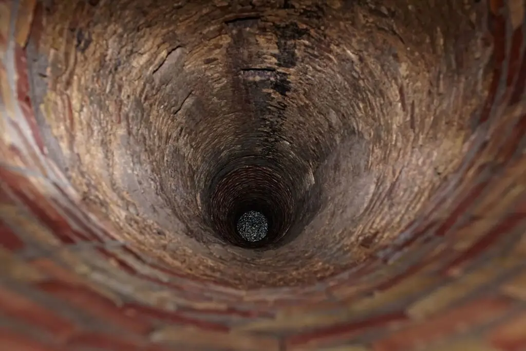 Looking down a brick-lined water well shaft to the water below