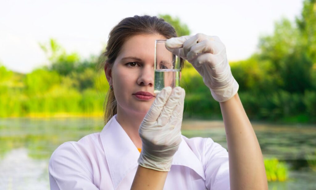 Technician in gloves holding a water sample for testing